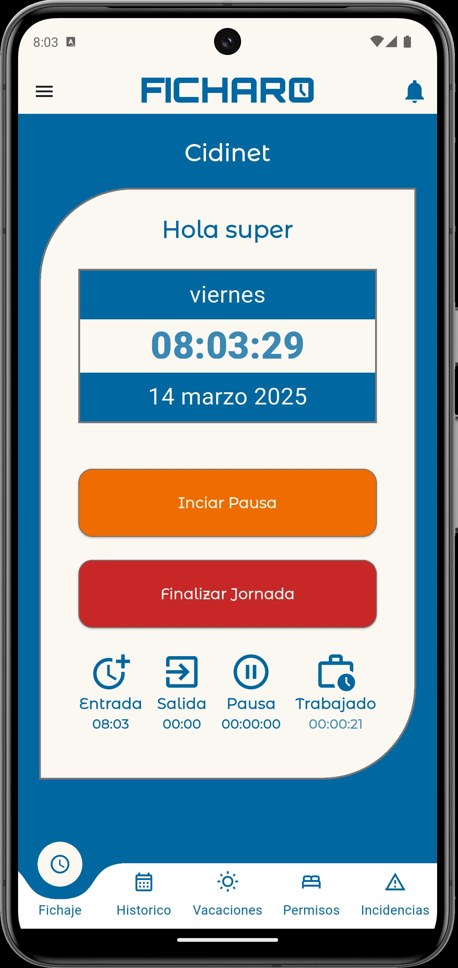 Pantalla principal de la app Ficharo