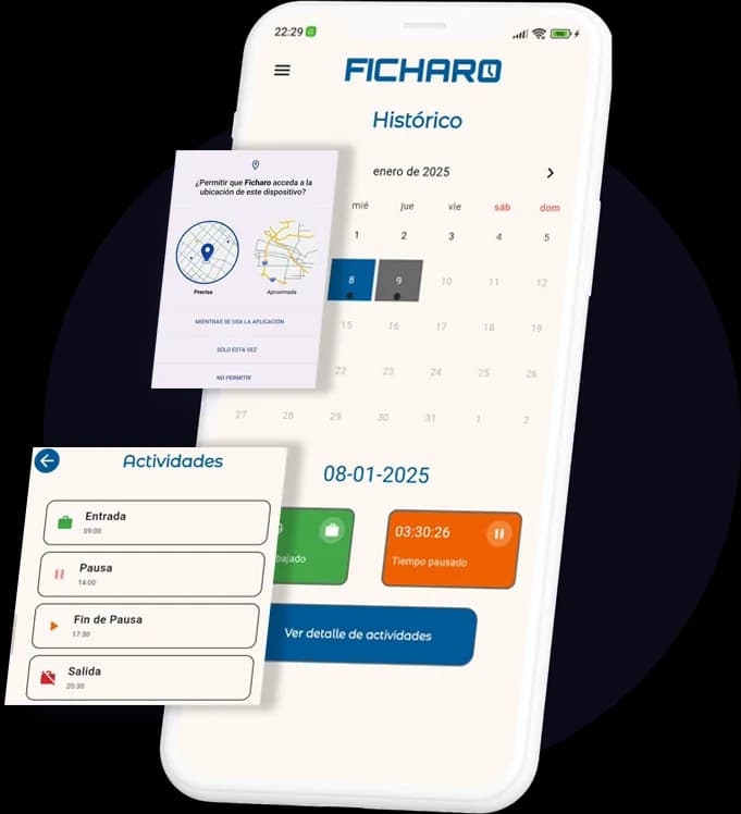 Aplicación Ficharo mostrando el histórico de fichajes